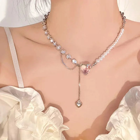 Luckacco Korean Fashion Pearl Chain Choker Necklace for Women Girls 2022 Trend Jewelry Heart Pendant Necklace Bridal Engagement