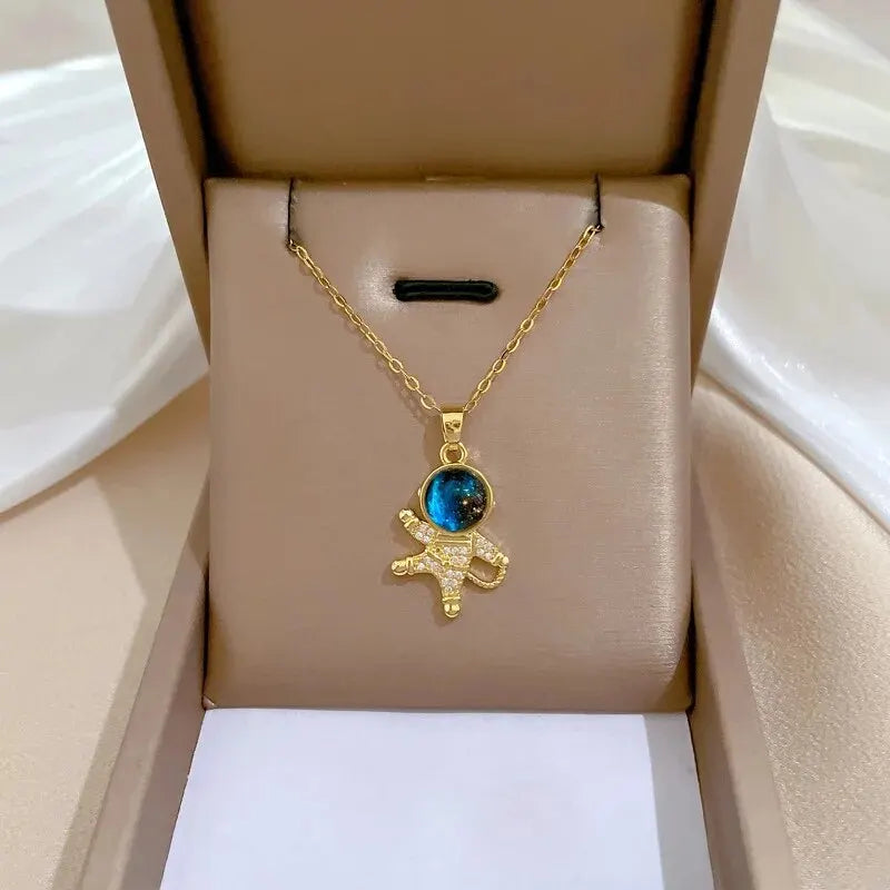 luckacco light luxury titanium steel star series necklace for women gold color planet moon astronaut pendant necklaces jewelry gifts