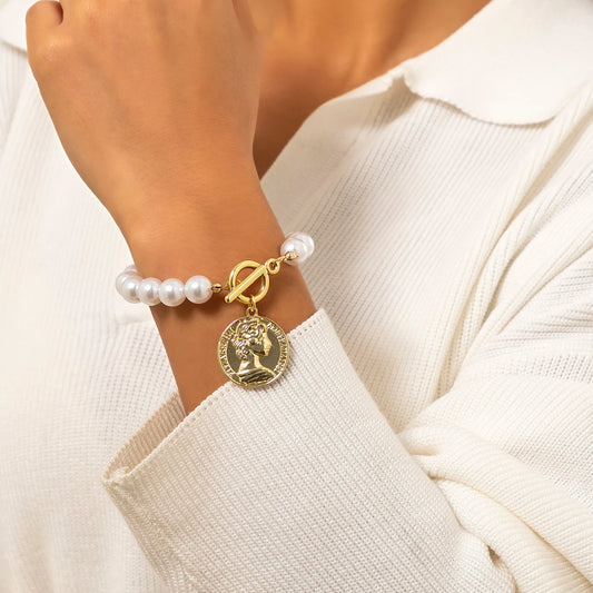 Luckacco Vintage Imitation Pearl Heart OT Buckle Pendant Bracelet for Women Wed Bridal Bead Chain Bangles Couple Hand Jewelry New