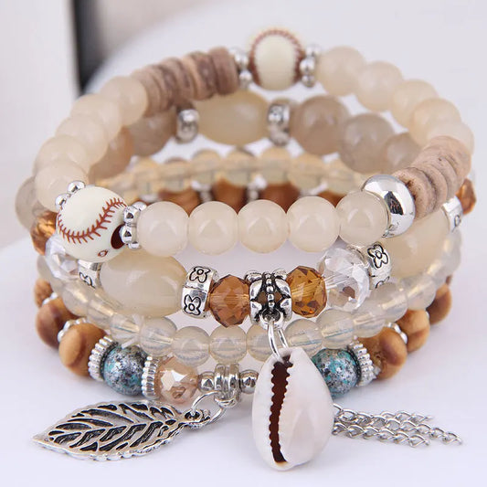 Luckacco DIEZI Korean Ethnic Bohemian Crystal Beads Leaves Charm Bracelets For Women Girls Elastic Rope Wrap Bracelet Pulseira Feminina