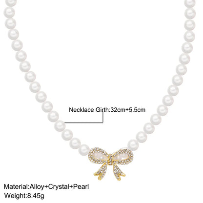 Luckacco Y2k Bowknot Pearl Necklace For Women Elegant Korean Style Rhinestone Heart Pendant Necklace Fashion Wedding Party Jewelry Gift