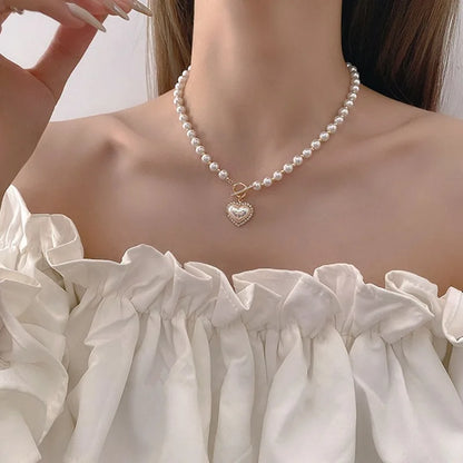 Luckacco Elegant Pearl Necklace For Women Heart Pendant Necklaces Luxury Imitation Pearls Chain Necklaces Korean Jewelry Girls Gifts