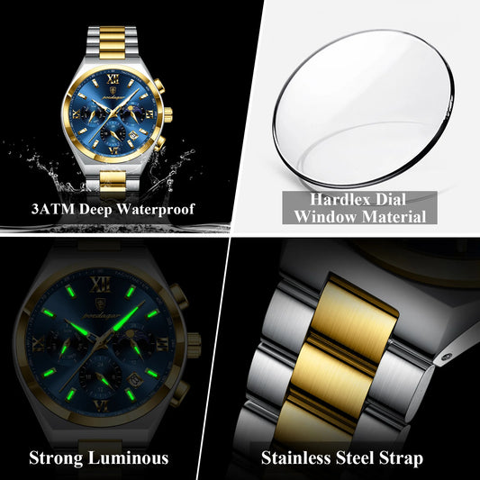 Luckacco POEDAGAR Luxury Sport Man Wristwatch Original Luminous Week Date Watch For Men Stainless Steel Men's Quartz Watches Reloj Hombre