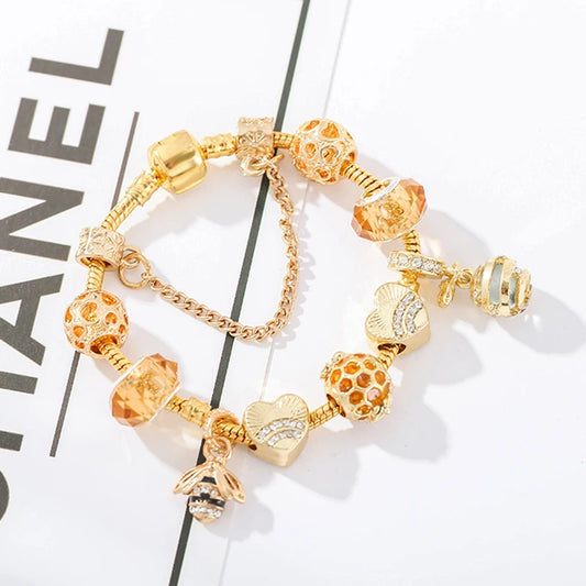 Luckacco TOGORY 2024 Authentic Gold Color Bees Dangles Charm Bracelet White Crystal Beads Fine Bracelet For Women Kids Birthday Gifts