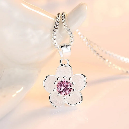 Luckacco 925 Sterling Silver Pink Purple Peach Blossom Necklaces For Women Retro Luxury Jewelry Accessories Freeshiping Items Jewellery