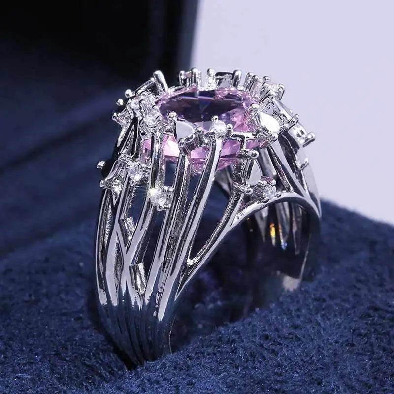luckacco pink cubic zirconia ring suitable for women's engagement wedding luxury accessories sparkling silver fashion jewelry