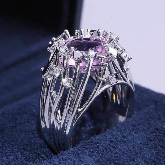 Luckacco Pink Cubic Zirconia Ring Suitable for Women's Engagement Wedding Luxury Accessories Sparkling Silver Fashion Jewelry