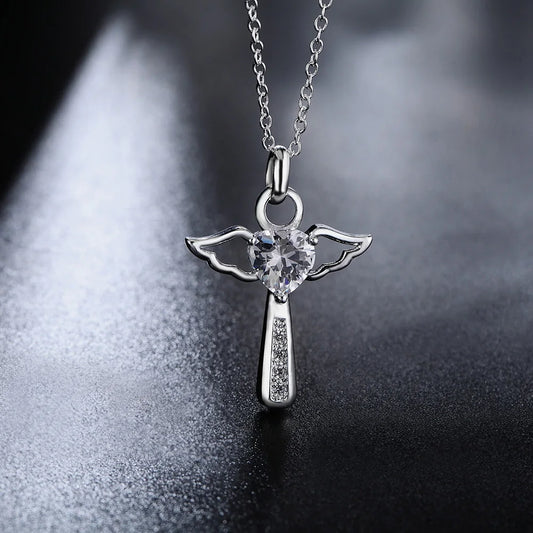 Luckacco Fine 925 Sterling Silver angel noble crystal cross pendants Necklace For Women luxury party Wedding Jewelry Christmas gifts