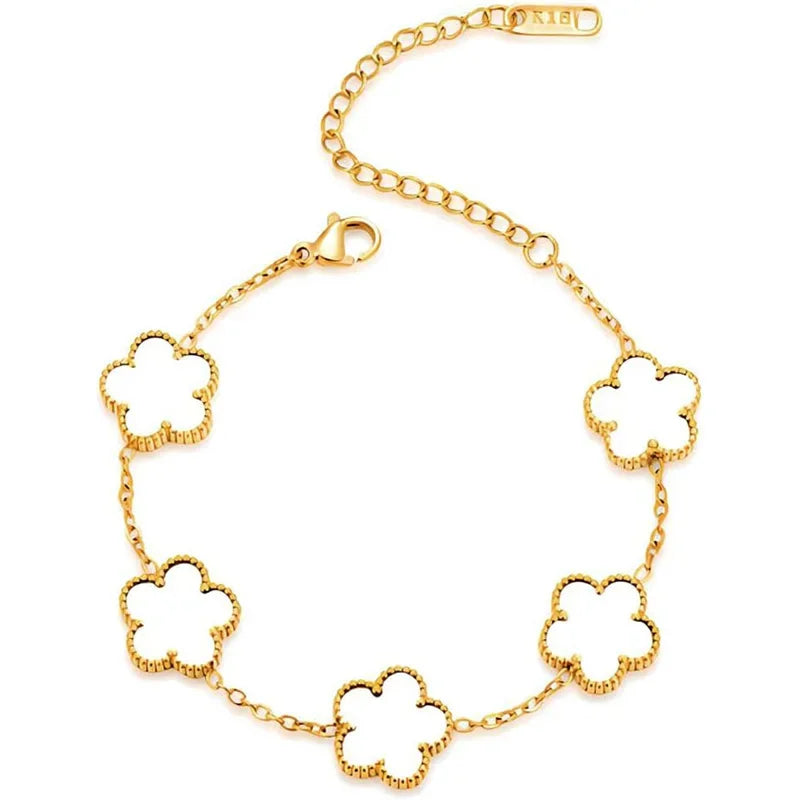 luckacco 14k gold plated five-leaf clover link bracelets white black blue gold red green lucky bracelets jewelry gifts trendy for women
