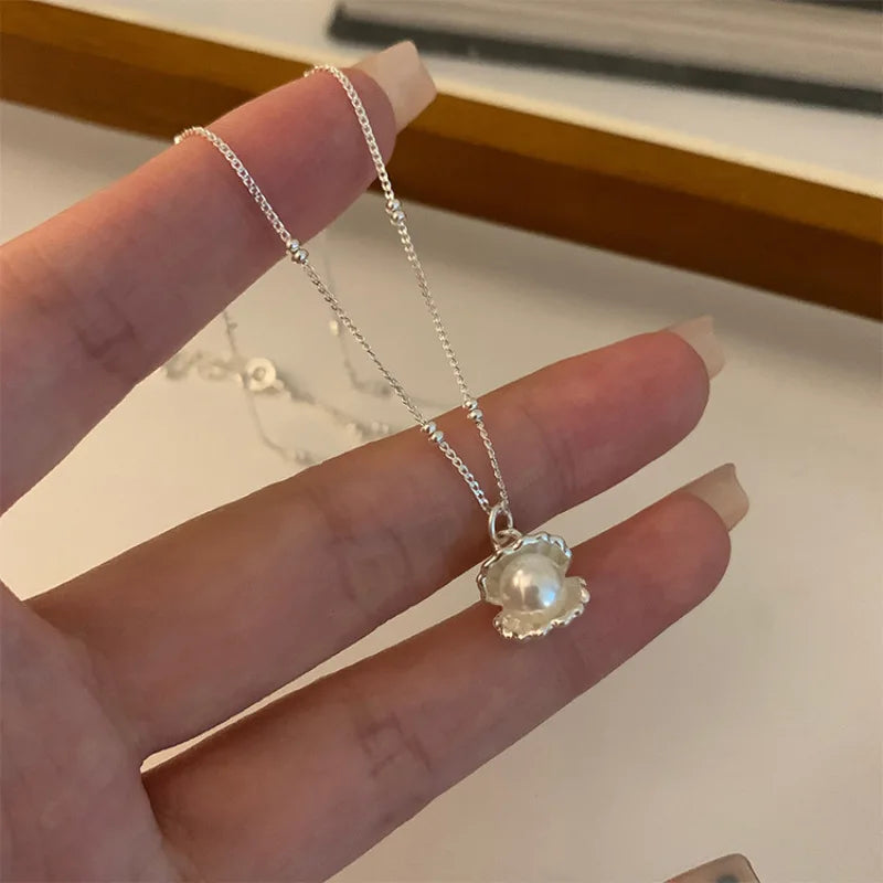 luckacco new trendy fashion 925 silver pearl simple elegant thin chain pendant necklace for women girl jewelry dropship