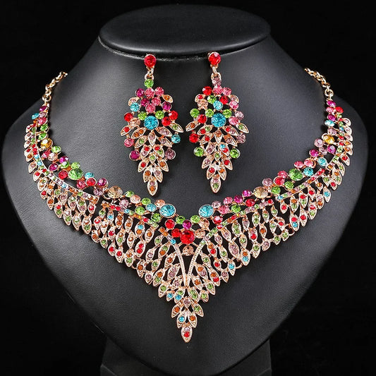 Luckacco Gorgeous Colorful Crystal Rhinestone Lucky Necklace Earring Set Wedding Party Costume Jewellery NewStyle Trendy design Girl Gift