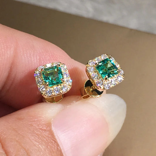 Luckacco daily picks Eternity Green CZ Stud Earrings for Women Gold Color Luxury Bride Wedding Earrings Elegant Ear Accessories Party Jewelry