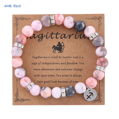 Luckacco MHS.SUN 12 Star Zodiac Sign Pink Zebra Stone Beaded Bracelets Constellation Fashion Birthday Party Jewelry For Women Men