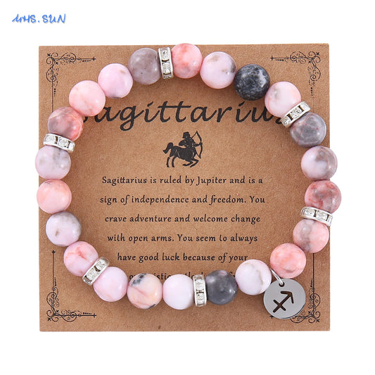 Luckacco MHS.SUN 12 Star Zodiac Sign Pink Zebra Stone Beaded Bracelets Constellation Fashion Birthday Party Jewelry For Women Men