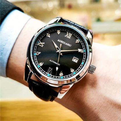 Luckacco New Stylish High-End Business Men's Watch, Fully Automatic Mechanical Watch, Skeleton Design, Round Dial, with Calendar Display, Leather Strap, Fashionable Accessory, Suitable for Business and Casual Wear, European, American, Japanese, and K