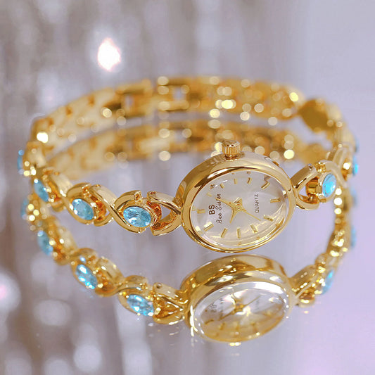 Luckacco Blue Jewel Oval Bracelet Watch Luxury Crystal Quartz Watches For Woman Vintage Gold Silver Jade Wristwatch Gifts For Women