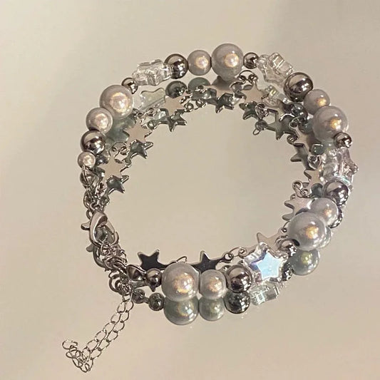 Luckacco Star Pentagram Pearl Beaded Bracelet for Women Harajuku Crystal Vintage Aesthetic Charm Double Layer Chain Bracelet Jewelry Gift