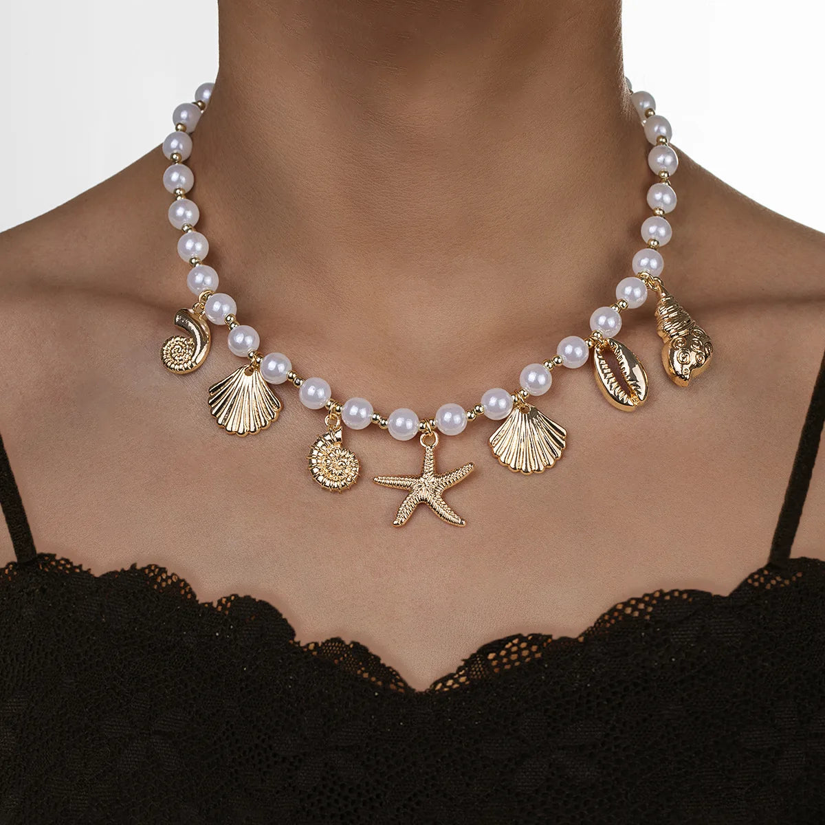 luckacco bohemia conch starfish imitation pearl necklace for women luxury exquisite beaded shell pendant necklace beach holiday jewelry