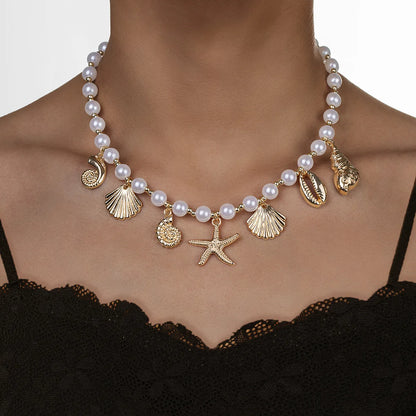 Luckacco Bohemia Conch Starfish Imitation Pearl Necklace for Women Luxury Exquisite Beaded Shell Pendant Necklace Beach Holiday Jewelry