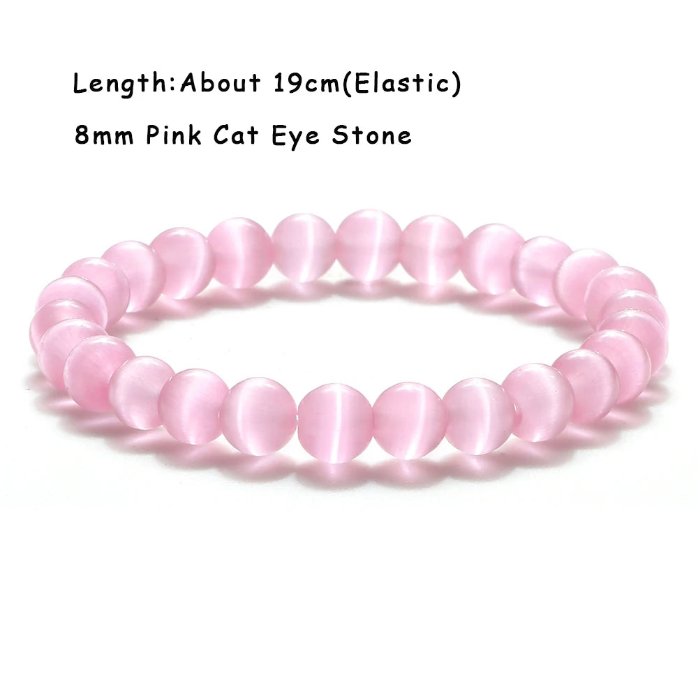 luckacco natural cat eye stone bracelet & bangle for women brief white pink opal beads yoga balance jewelry lucky wristband handmade gift