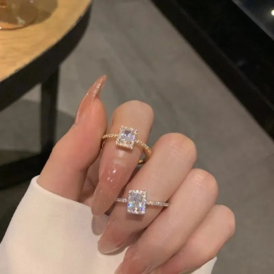 Luckacco Luxury Classic Moissanite Wedding Engagement Rings for Women Square Lucky Ring Adjustable Gold Color Rings Charm Jewelry