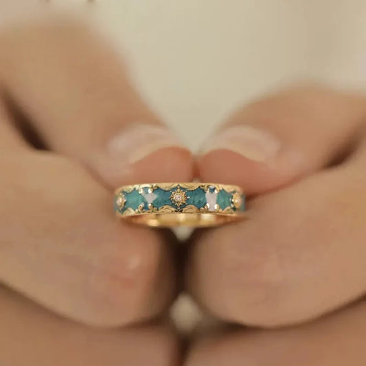 Luckacco Exquisite Design Green Enamel Rings Retro Aestheticism Gold Color Metal Enamel Process Pattern Rings Jewelry