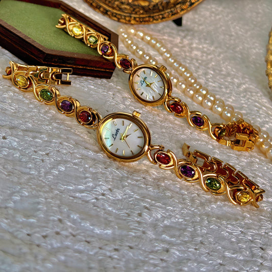 Luckacco 1pc New High-End Luxury Women's Watch Embedded With Colorful Tourmalines, Diamonds And An Oval Shaped Mother Of Pearl Dial.