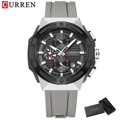 Luckacco CURREN Fashionable Sports Multifunctional Chronograph Quartz Watch with Silicone Strap Creative Design Dial Luminous Hands
