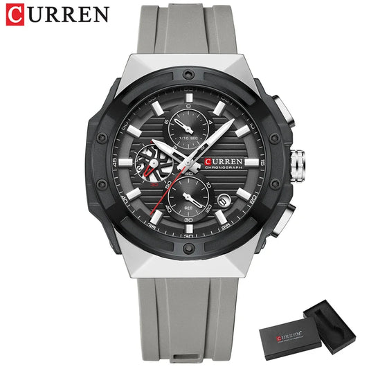 Luckacco CURREN Fashionable Sports Multifunctional Chronograph Quartz Watch with Silicone Strap Creative Design Dial Luminous Hands