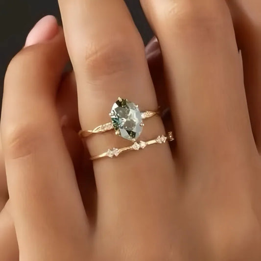 Luckacco Elegant Women Rings Gold Color Round Green White Stone Rings Party Accessories Gift
