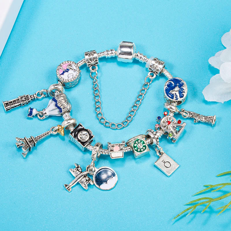luckacco romantic tower aircraft charm bracelet for women with crystal diy beads pendants bracelet high-quality jewelry