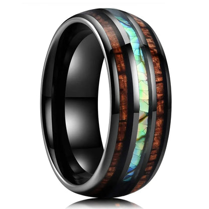 Luckacco Fashion 8mm Men Stainless Steel Rings Inlay Meteorite Abalone Shell Rings For Men Women Wedding Engagement Band Jewelry Gift