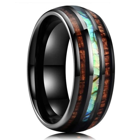 Luckacco Fashion 8mm Men Stainless Steel Rings Inlay Meteorite Abalone Shell Rings For Men Women Wedding Engagement Band Jewelry Gift