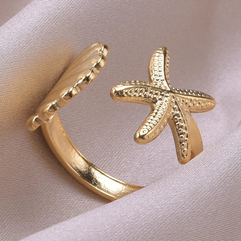 luckacco 1pc stylish marine jewelry ocean sea animals conch starfish shell ring stainless steel jellyfish scallop rings women charm gift
