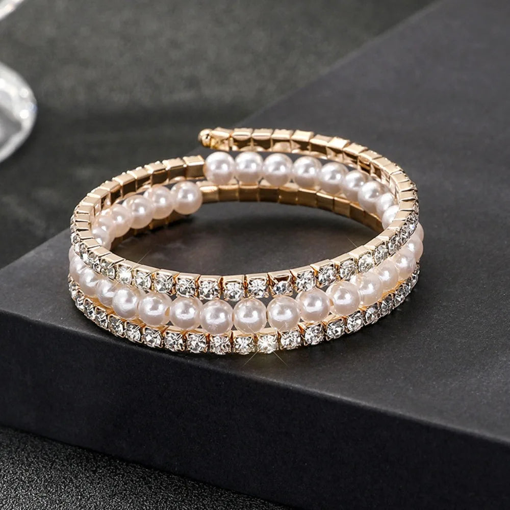 luckacco fahsion crystal imitation pearl bracelets for women multi layer wide bracelets crystal rhinestones bracelet wedding jewelry gift