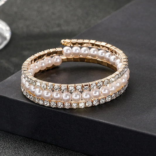 Luckacco Fahsion Crystal Imitation Pearl Bracelets For Women Multi Layer Wide Bracelets Crystal Rhinestones Bracelet Wedding Jewelry Gift