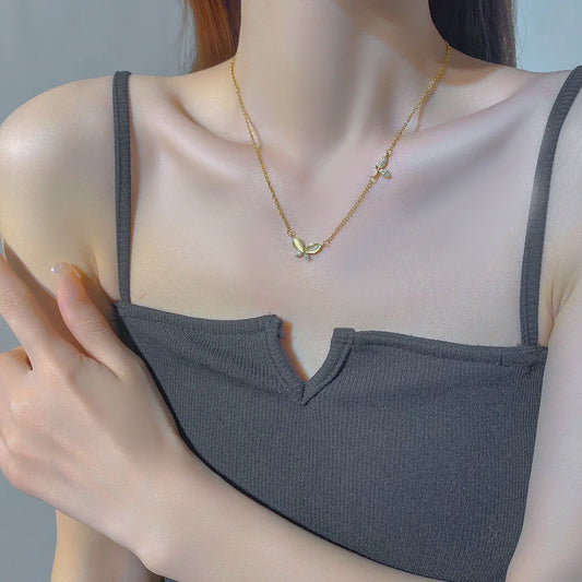 Luckacco Stainless Steel Luxury Gold Color Opal Butterfly Pendant Necklace for Women Exquisite Zircon Chokers Bride Jewelry Colorfast
