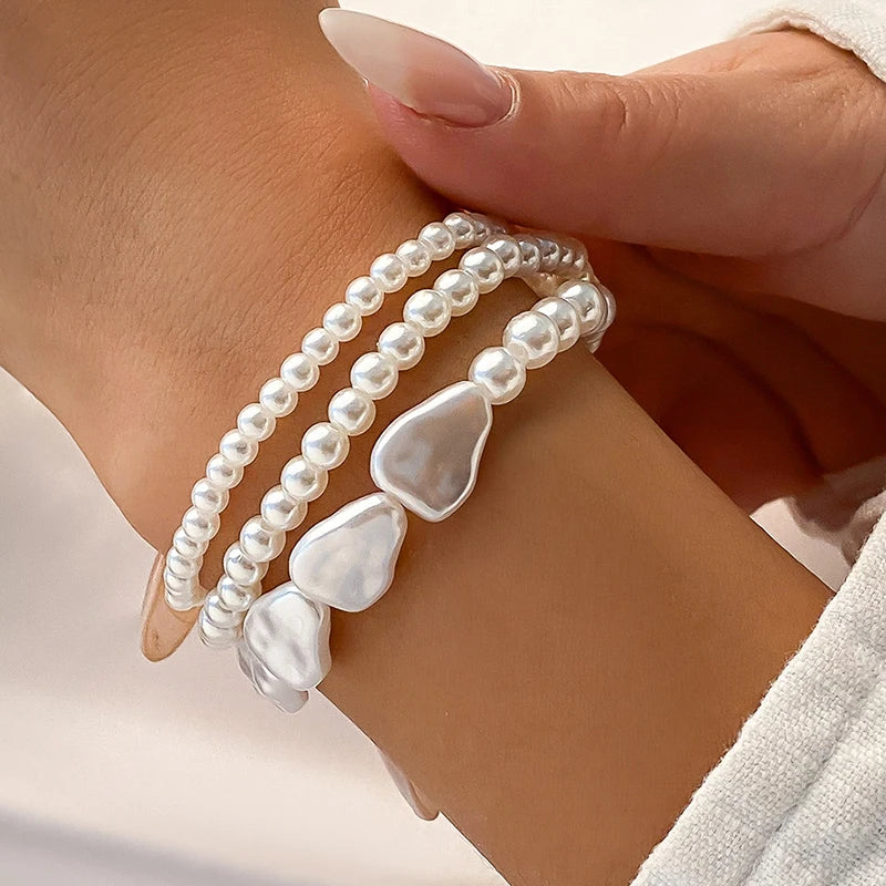 luckacco 3pcs/set boho elegant multilayer white imitation pearl chain bracelet accessories for women wedding vacation gift jewelry b061