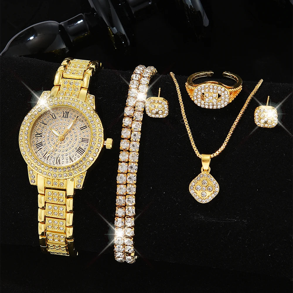 luckacco luxury women gold watch fashion ladies quartz diamond wristwatch elegant female bracelet watches set reloj mujer