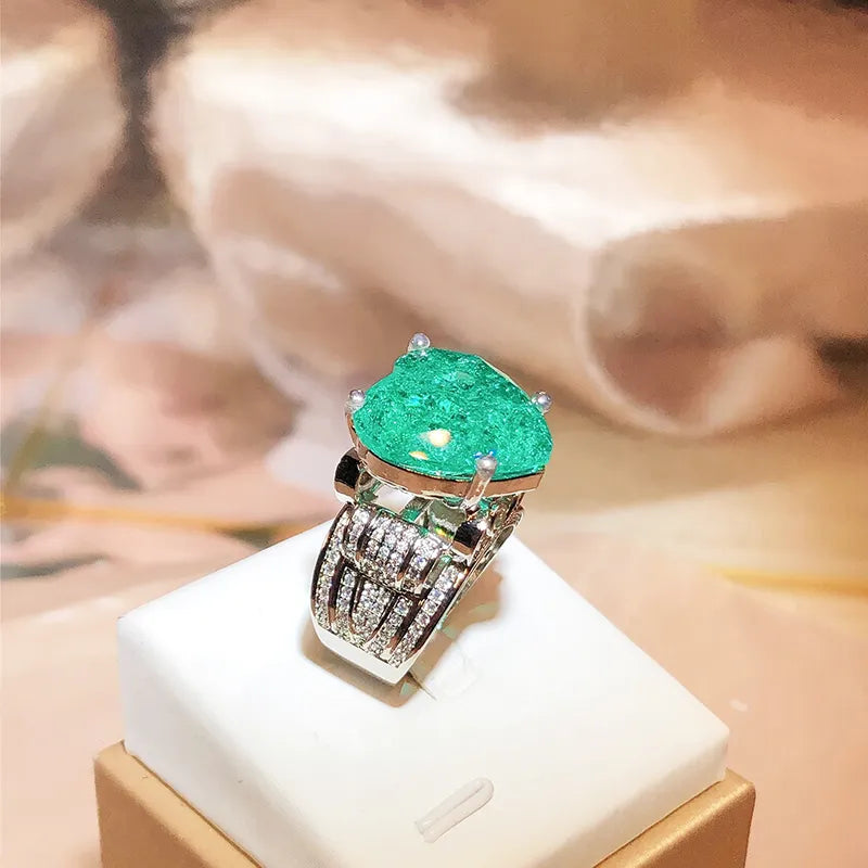 Elegant Paraiba Emerald Heart Full Diamond Couple Ring For Women Lover Geometric S925 Silverd Valentine Day Gift Party Jewelry