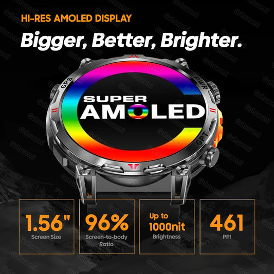 Luckacco 2025New Military GPS Sports SmartWatch Men 1.56" AMOLED Screen Compass Altimeter 5ATM Waterproof 560mAh Wireless Call Smartwatch