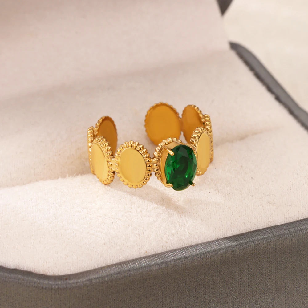 luckacco luxury gemstone flower stainless steel rings zircon adjustable ring women wedding anti fading jewelry vacation accessories gift