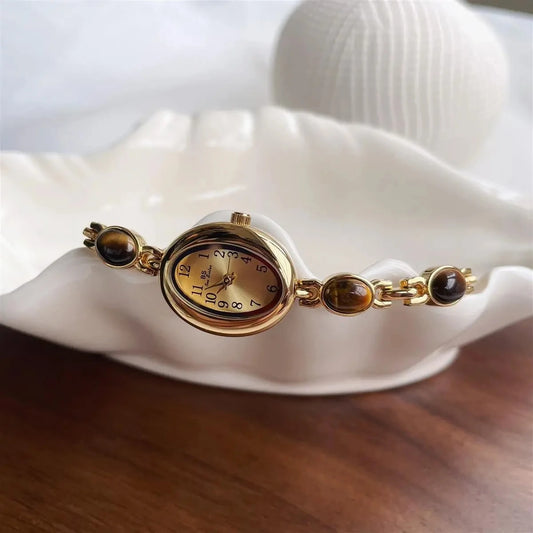 Luckacco Luxury Vintage Quartz Women's Watches Fashion Natural Green Jade Bracelet Clock Numerals Small Oval Dial Watch Woman Accesories