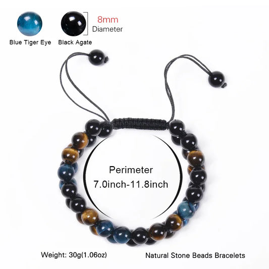 Luckacco 8MM Natural Tiger Eye Stone Adjustable Bracelet Double Layer Hand Woven  Row Strand Beaded Bangles Couple Party Jewelry