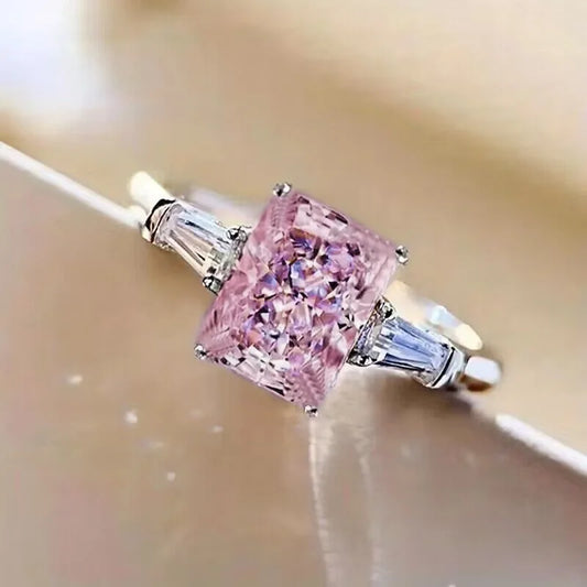 Luckacco Pink Cubic Zirconia Ring Suitable for Women's Engagement Wedding Luxury Accessories Sparkling Silver Fashion Jewelry