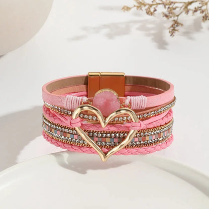 Luckacco New Metal Love Heart Charm Leather Bracelets for Women Fashion Bohemian Rhinestone Resin Wrap Bracelet Bangle Couple Jewelry