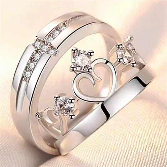 Luckacco 2Pcs Silver Color Luxury Zircon Crown Cross Couple Rings For Lovers Forever Endless Love Wedding Bands Ring Valentines Day Gifts