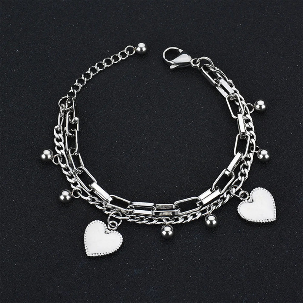 luckacco punk double layer love heart charm bracelet female 19cm gold silver color stainless steel chain link bracelets for women jewelry