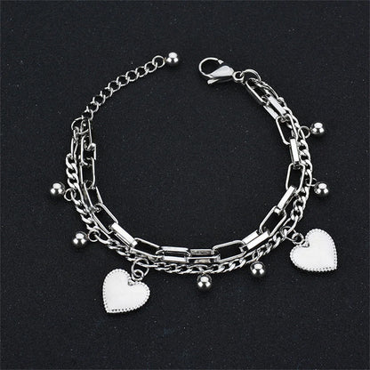 Luckacco Punk Double Layer Love Heart Charm Bracelet Female 19cm Gold Silver Color Stainless Steel Chain Link Bracelets for Women Jewelry