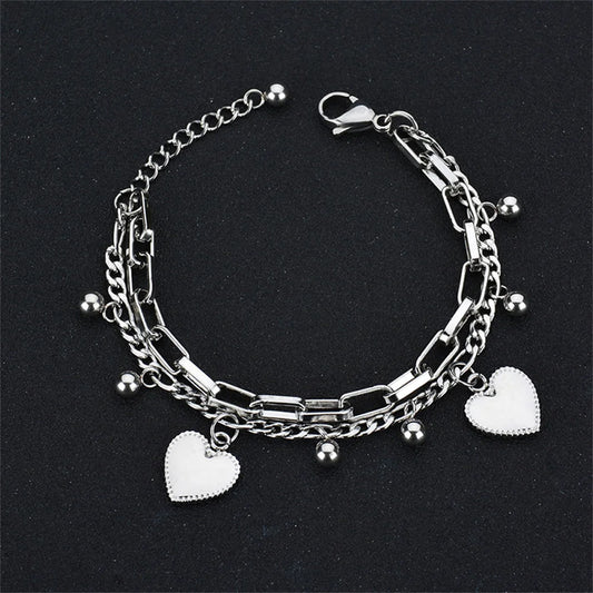 Luckacco Punk Double Layer Love Heart Charm Bracelet Female 19cm Gold Silver Color Stainless Steel Chain Link Bracelets for Women Jewelry